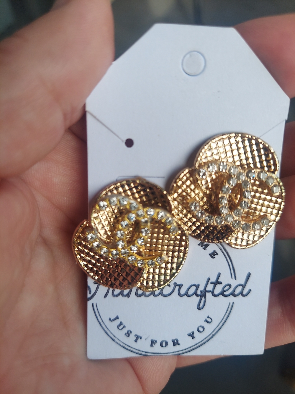 Hand Crafted Gold-Tone Crystal Logo CC Cloverl Earrings
